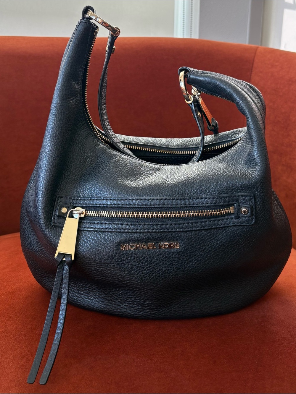 Michael Kors Black Pebbled Leather Shoulder Hobo with Gold Hardware